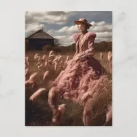 Woman in a Pink Feather Dress in a Field Vintage Postcard