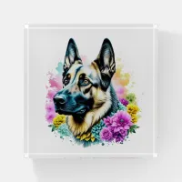 German Shepherd in Pink and Yellow Flowers Paperweight