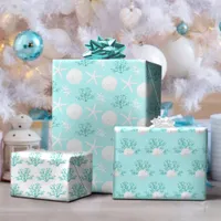 Aqua Blue Christmas Beach Starfish Sand Dollar  Wrapping Paper Sheets