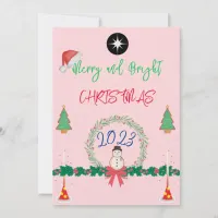 Modern Merry And Bright Christmas 2023 wreath Holiday Card