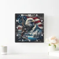 Bald Eagle Perched on Branch by Mountains and Flag Square Wall Clock