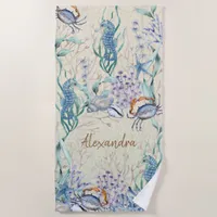 Coastal Beach Sea Life Personalized Beach Towel