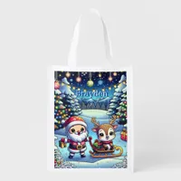 Cute Cartoon Santa and Reindeer Christmas Grocery Bag