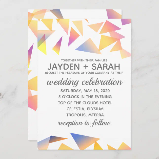 Pastel Triangle Confetti on White Wedding Invitation