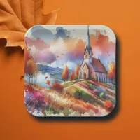 Watercolor Church on a Fall Day Paper Plates