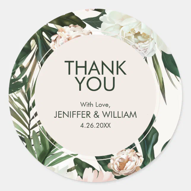 Peach White Peonies & Green Leaves Floral Wedding Classic Round Sticker