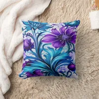 Colorful Blue and Purple Floral Art Throw Pillow