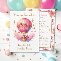 Pretty Pink and Gold Hot Air Balloons Birthday Invitation