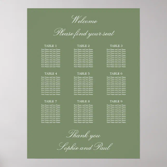 Sage Green 9 Table Wedding Seating Chart Poster