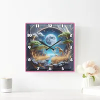 Giraffe wandering under moonlight in Africa Square Wall Clock