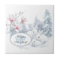 Cute White Rabbits in Snow Winter Holiday Ceramic Tile