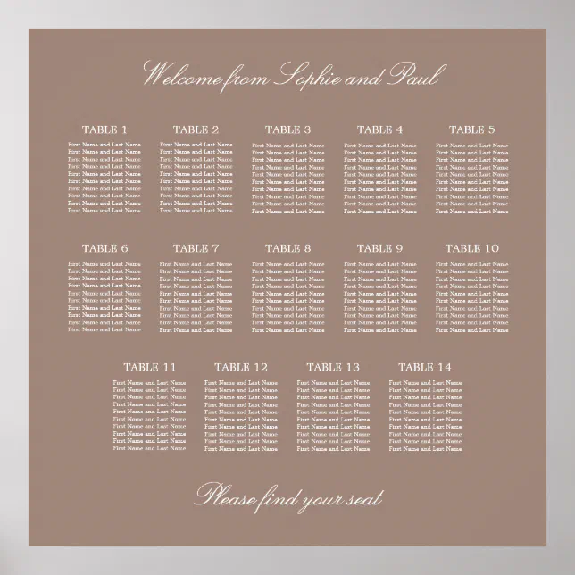 Taupe 14 Table Wedding Seating Chart Poster