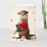 Adorable Otter With Red Roses Card