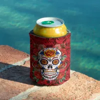 Sugar Skull Pink Red Roses Holidays Can Cooler