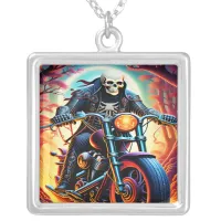 Skeleton Riding through the fire cave Silver Plated Necklace