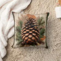 Pine cone with foliage and wood accents throw pillow