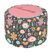 Whimsical Flower Patch on Black Round Pouf