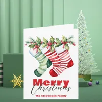 Festive Christmas Striped Stockings with Greenery  Card