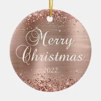 Glittery Rose Gold Merry Christmas Family Photo Ceramic Ornament