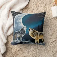 Howling Wolves Under Moonlight.  Throw Pillow