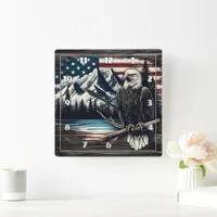 Bald Eagle Perched by Mountain Lake With Flag Square Wall Clock