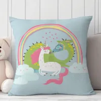 Cute Unicorn Kissing A Dragon Under Rainbow Throw Pillow