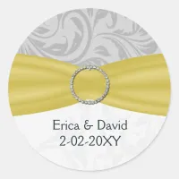 Gray Yellow  FAUX ribbon diamante buckle Wedding Classic Round Sticker