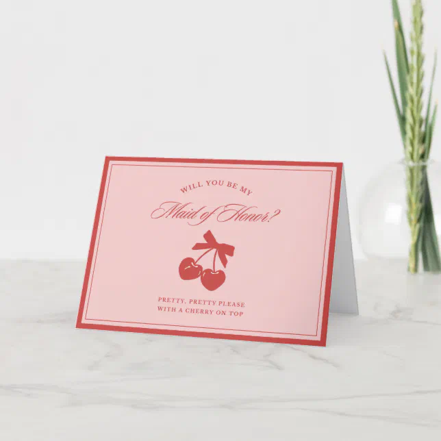 Chic Pink Bow & Cherry Maid of Honor Proposal Card