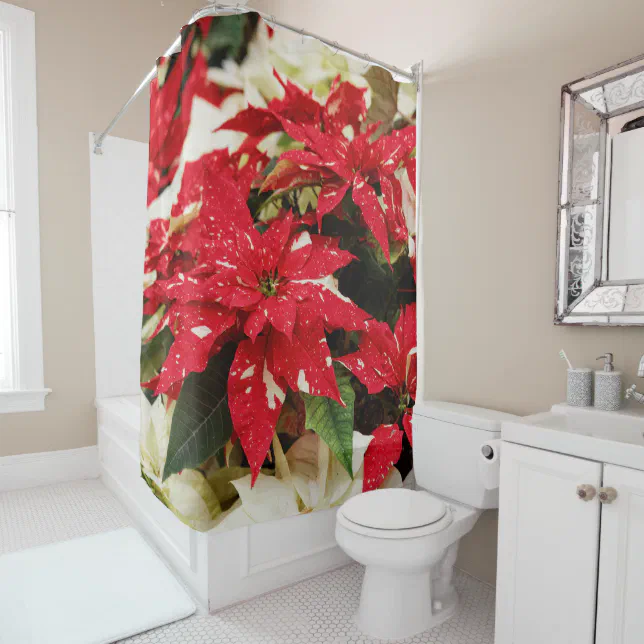 Festive Red White Floral Poinsettias Shower Curtain
