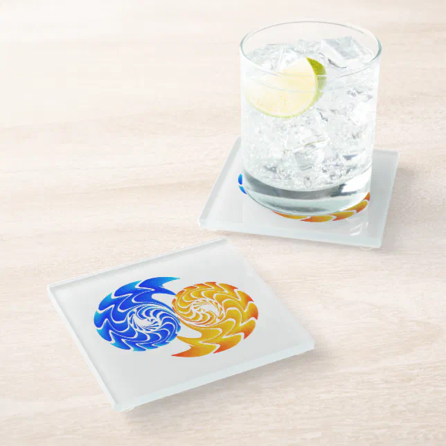 Abstract Blue Gold Yin Yang Fishes Balance Glass Coaster