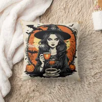 Spooky witch brewing potions on Halloween night Throw Pillow