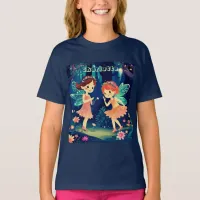 Fairies Playing In The Enchanted Forest Girls Navy T-Shirt