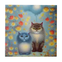 Two Paws Think Alike - Cat Couple in Autumn Ceramic Tile