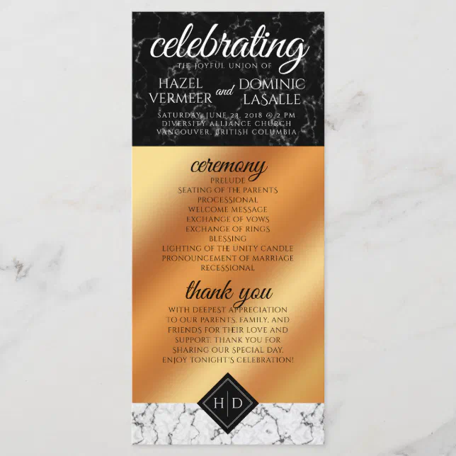 Elegant Marble & Copper Foil Monogram Wedding Program