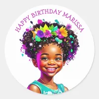 Birthday Party African-American Girl Personalized Classic Round Sticker