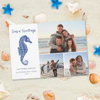 Coastal Christmas Seahorse Navy Blue 3 Photo Holiday Card