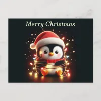 Cute Penguin Wrapped in Christmas Lights Holiday Postcard