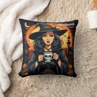 Enchanting witch holds skull mug at Halloween dusk Throw Pillow