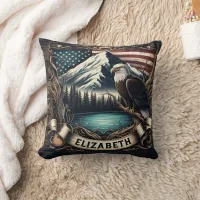 Eagle Soaring With Mountain and Flag Throw Pillow