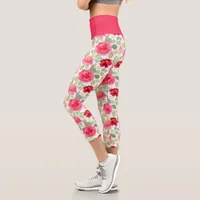 Cute Pink And Red Watercolor Roses Floral Capri Leggings