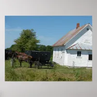 Amish Church and Horses, Rural Iowa Poster