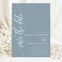 Dusty Blue Simple Modern Script Save The Date