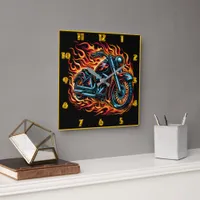 Motorcycle roaring amid vibrant flames at dusk square wall clock