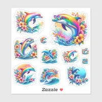 Rainbow Dolphin and Ocean Retro Sticker Sheet