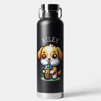 Cute Kawaii Puppy Dog with Bubble Tea Personalized Water Bottle