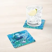 Blue and Green Digital Marble Fluid Art  Square Paper Coaster