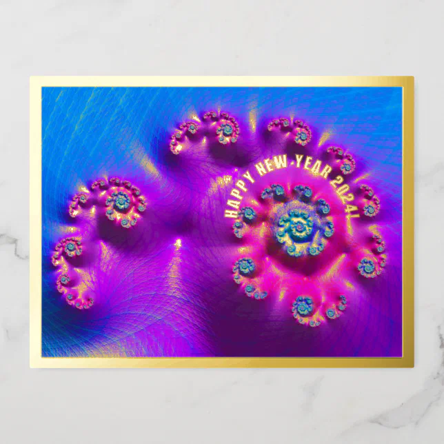 Happy New Year 2024 - Colorful fractal with gold Foil Holiday Postcard