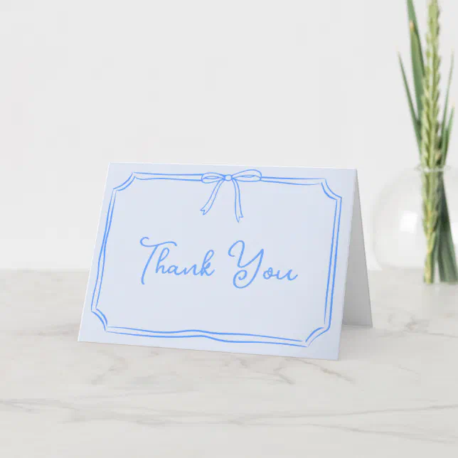 Handwritten Thank You Card Cute Blue Coquette Bow