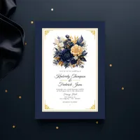 Navy Blue and Gold Floral Wedding Invitation