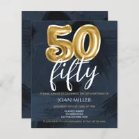 BUDGET Blue, Gold Balloon 50th Birthday Invitation